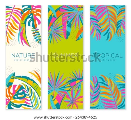 Summer vertical banners set, palm beach cards, abstract tropical leaves poster. Vector illustration. Jungle exotic minimal flyer, brochure voucher template. Place for text. Fashion Bali background