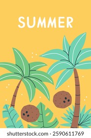 Summer vertical card poster with palm tree, coconuts and tropical leaves and text summer. Vector flat postcard illustration.