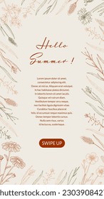 Summer vertical design with wildflowers. Hand drawn vector illustration in sketch style. Social media stories template. Meadow flowers poster. Wedding invitation