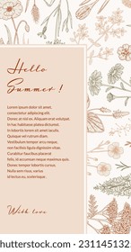 Summer vertical design with wildflowers. Hand drawn vector illustration in sketch style. Social media stories template. Meadow flowers poster. Wedding invitation