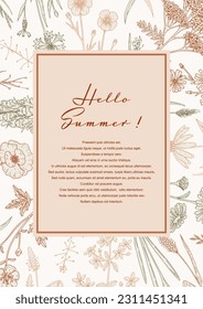 Summer vertical design with wildflowers. Hand drawn vector illustration in sketch style. Social media stories template. Meadow flowers poster. Wedding invitation