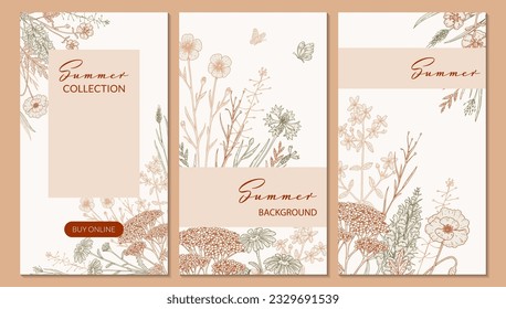 Summer vertical design with wildflowers. Hand drawn vector illustration in sketch style. Social media stories template. Meadow flowers poster. Wedding invitation