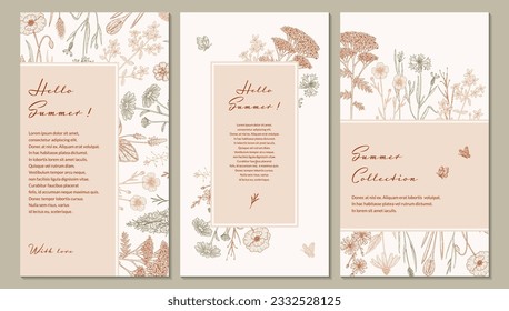 Diseño vertical de verano con flores silvestres. Ilustración vectorial dibujada a mano en estilo de esbozo. Plantilla de historias de medios sociales. Afiche de flores de pradera. Invitación a la boda