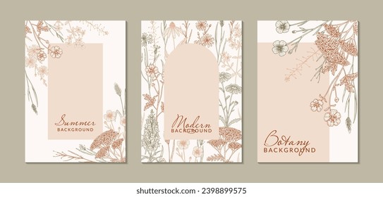 Summer vertical design with wildflowers. Hand drawn vector illustration in sketch style. Social media stories template. Meadow flowers poster. Wedding invitation