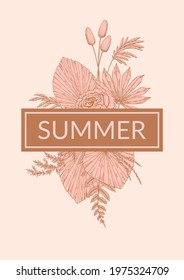 Summer vertical modern floral design with hand drawn botany elements