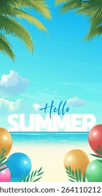 Summer vertical promotional illustrations beach and palm tree balloons
