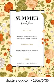 Summer vertical vector vintage card with bright garden flowers. Coral and white roses, forget-me, delphinium on beige background. Design template.