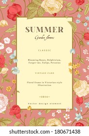 Summer vertical vector vintage card with colorful garden flowers. Pink and yellow roses, forget-me, delphinium on pink background. Design template.