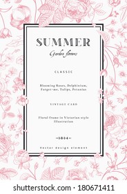 Summer vertical vector vintage elegant card with black garden flowers. Pink roses, forget-me, delphinium on white background with black frame. Design template.