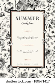 Summer vertical vector vintage elegant card with black garden flowers. Roses, forget-me, delphinium on beige background with golden frame. Design template.