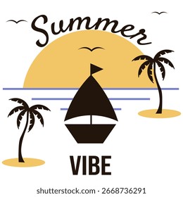 Summer vibe. Amalfi. Vector illustration of ship silhouette tropical island landscape and typography. Perfect t-shirt print template design isolated transparent background. EPS 10