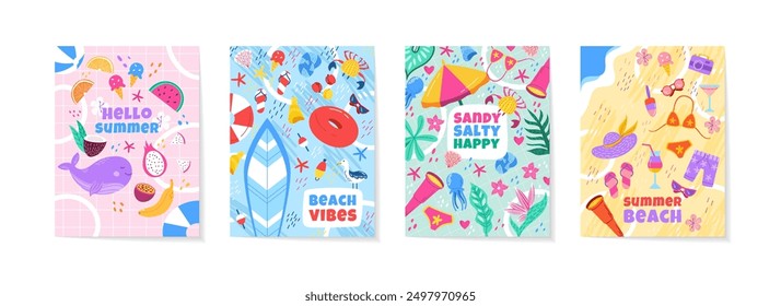 Fondo de ambiente de verano. Afiche de moda del sol. Vacaciones en la playa. Piscina. Fruta tropical. Hojas de palma. Viajes de verano. Patrón Abstractas. Diseño de doodle de animales marinos. Conjunto de Anuncios de viaje de Vector Garish