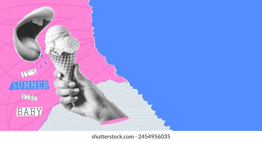 Anuncio de ambiente de verano con espacio vacío para sus diseños. Collage contemporáneo de medio tono de arte Pop con cono de helado y labios.