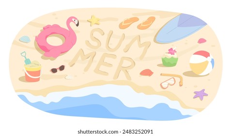 Anuncio de ambiente de verano con arena, mar, elemento de playa y la palabra "VERANO" escrito en la arena. Concepto de vacaciones, vacaciones, fiesta en la playa, tiempo de verano, descanso, relajación. Ilustración vectorial plana.