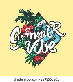 summer vibe callography slogan with beach and palm trees in rhombus frame vector illustration
