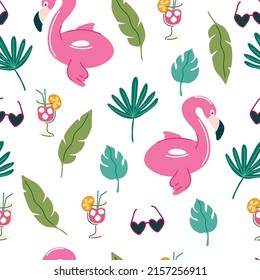 Sommerschaum flamingo nahtloses Muster. Aufblasbarer Gummiring Flamingo. Sonnenbrillen, Palmenblätter, Cocktail. Spielzeug für den Badestrand im Sommer. Stock-Vektorgrafik im Cartoon-Stil auf Weiß