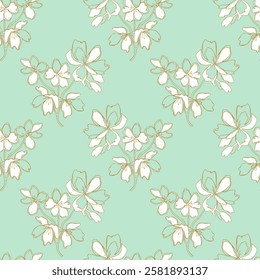 Summer vibe with flowers doodle pattern, stylized abstract gold sketch, on mint background.