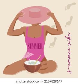 Summer Vibe. Girl In A Hat With A Coconut Cocktail On The Beach. Footprints In The Sand. Summer Vector Illustration.