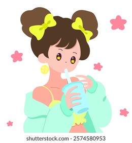 summer vibe girl with starry eyes sipping a cool drink, styled with lemon earrings and bright yellow bows