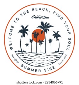 summer vibe graphic print design, sunset slogan with hand drawn beach,  Summer good vibes Graphic print design for t shirt and others.