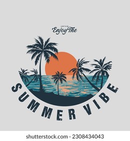 summer vibe graphic print design, sunset slogan with hand drawn beach, Summer good vibes Graphic print design for t shirt and others