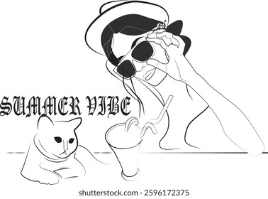 SUMMER VIBE WITH HAT, SUNGLASSES, JUICE AND PET CAT