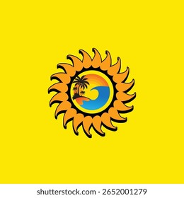 summer vibe image beach and tropical island ,sun flower shape logo icon vector
