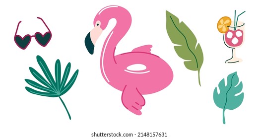 Summer vibe. Inflatable rubber swimming ring flamingo. Sunglasses, palm leaves, cocktail. summer water beach toy. stock vector illustration in cartoon flat style on white