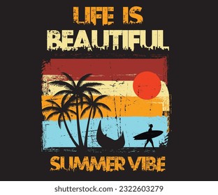 Summer vibe, man surfing in sea ,boats and plum tress, brightening sun, hot summer in sea beach design for t-shirt, banner and typography .