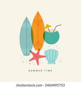 Summer vibe. Minimal abstract card. Surfboards, seashell, starfish, coconut, beach. Vector summer vacation background, trendy print in t-shirts.