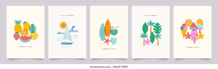 Summer vibe. Minimal abstract poster set. Tropical fruit, pineapple, yacht in the sea, sun, leaf monstera, surfboard, beach, flowers. Vector summer vacation illustrations. 