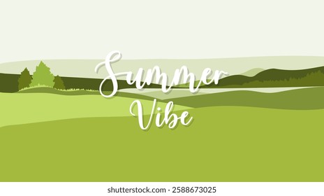 Summer vibe, minimalist summer green landscape with hills and trees. 