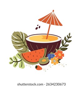 summer vibe. Modern design of posters, postcards, banners. Hand, abstract simple, summer  flowers, watermelon, kiwi, strawberry, coconut, leave, monstera, pineapple. Naive summer art,  vector