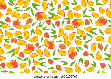Summer vibe peach and strawberry seamless vector pattern