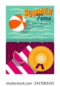 Summer vibe poster. Bright sunny postcard with swimming pool or sea beach for relaxation. Summer vacation time. Design element for cover. Cartoon flat vector illustration isolated on white background
