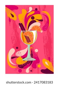 Summer vibe poster. Colorful sunny card with refreshing fruit cocktail in glass. Delicious orange drink or smoothie. Happy Summer Time. Cartoon flat vector illustration isolated on white background