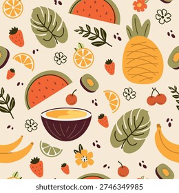 summer vibe. seamless pattern of cute elements: watermelon, lemon, strawberry, coconut, banana, monstera, pineapple. trending background, banner, postcard. for print in a linear, minimalist style. art vector illustration.