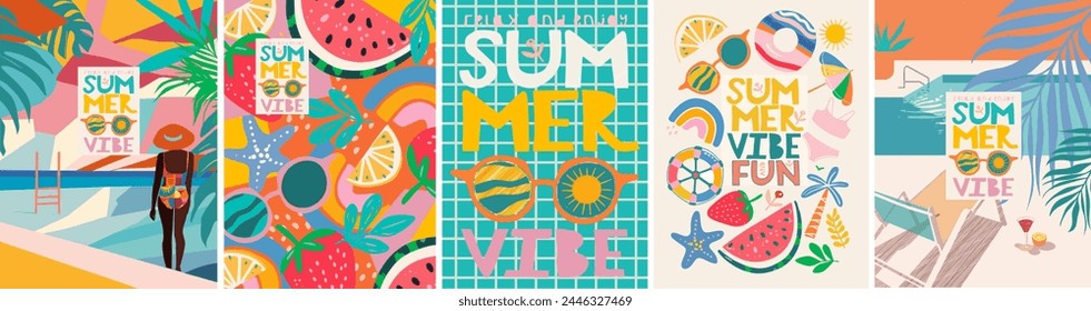 Summer vibe. Set of cute trendy vector illustrations: logo, pattern, watermelon, resort, woman by the pool, beach, strawberry, swimsuit, sunglasses, sun for poster, card or background