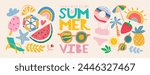 Summer vibe. Set of cute vector illustrations: logo, watermelon, resort,  strawberry, swimsuit, sunglasses, sun, starfish, steering wheel, pineapple, rainbow,  lounger, inflatable ring, umbrella