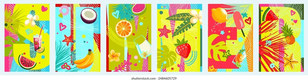 Summer vibe - a set of editable posters on the theme of summer holidays,discounts,sales,festivals.Bright cartoon illustrations with a textured background and the letters "summer".Vector