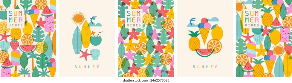 Summer vibe. Set of trendy abstract poster with modern pattern. Watermelon, seashell, sun, strawberry, palm leaf, surfboard, beach, flowers. Minimal geometric style. Template for banner, cover, card.