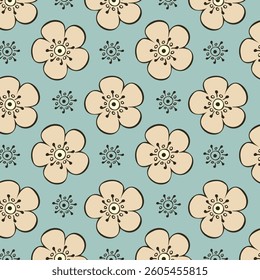 Summer vibe, simple flowers pattern, doodle flowers on meadow. Soft pastel blue textiles, background, packaging, wrapping, wallpaper.