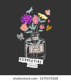 summer vibe slogan with colorful flowers in glass vase illustration on black background