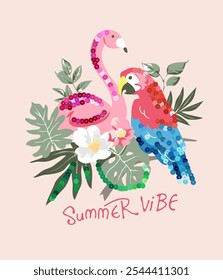 Eslogan de ambiente de verano con pájaro tropical y lentejuelas de colores Ilustración vectorial