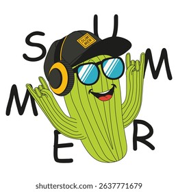 Summer vibe. Summer sticker, t-shirt print. Cartoon cactus isolated transparent background. Vector illustration of cactus in cap headphones and sunglasses. EPS 10