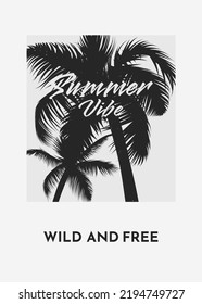 Summer vibe tropical background with palm trees silhouette. Music cocktails party poster, flyer, invitation card. Summer vacation. Hawaiian retro style neon template t shirt print design.