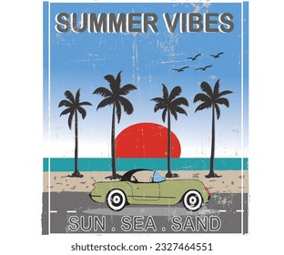Summer vibe t-shirt design with sun, vintage car, road, sea, palm tree, birds, sunset. This design for t-shirt, print, banner, logo,  typography and artwork.