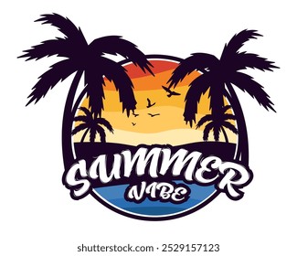 Camiseta vibração de verão e design de logotipo com conceito de cor de verão. Design de camiseta com vibes de verão, design de logotipo, ilustração vetorial