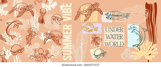 Verão vibração, mundo subaquático. Cartaz moderno incluindo ilustrações lineares bonitas sobre o tema do oceano, férias à beira-mar, habitantes subaquáticos, corais e algas em um estilo de desenho animado brilhante.