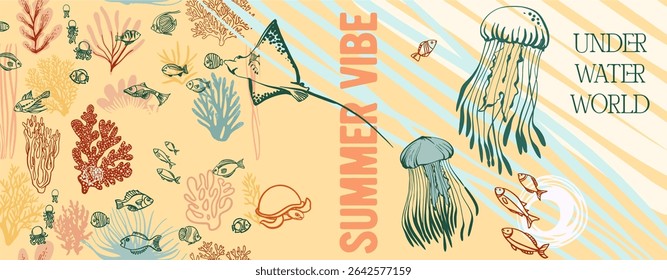 Verão vibração, mundo subaquático. Cartaz moderno incluindo ilustrações lineares bonitas sobre o tema do oceano, férias à beira-mar, habitantes subaquáticos, corais e algas em um estilo de desenho animado brilhante.
